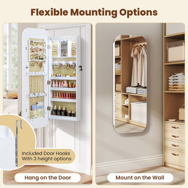 Wall Mounted or Door Hanging Jewelry Cabinet with LED Lights and Full-Length Mirror White - 16.5" x 10" x 42.5" (L x W x H)