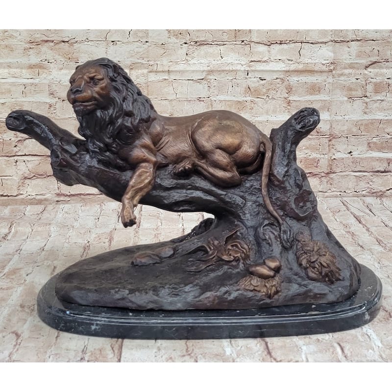 Lion Resting On A Branch - Bronze Sculpture Statue Wildlife Decor By J. Moigniez