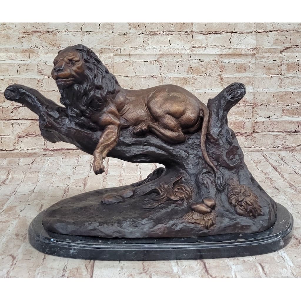 Lion Resting On A Branch - Bronze Sculpture Statue Wildlife Decor By J. Moigniez