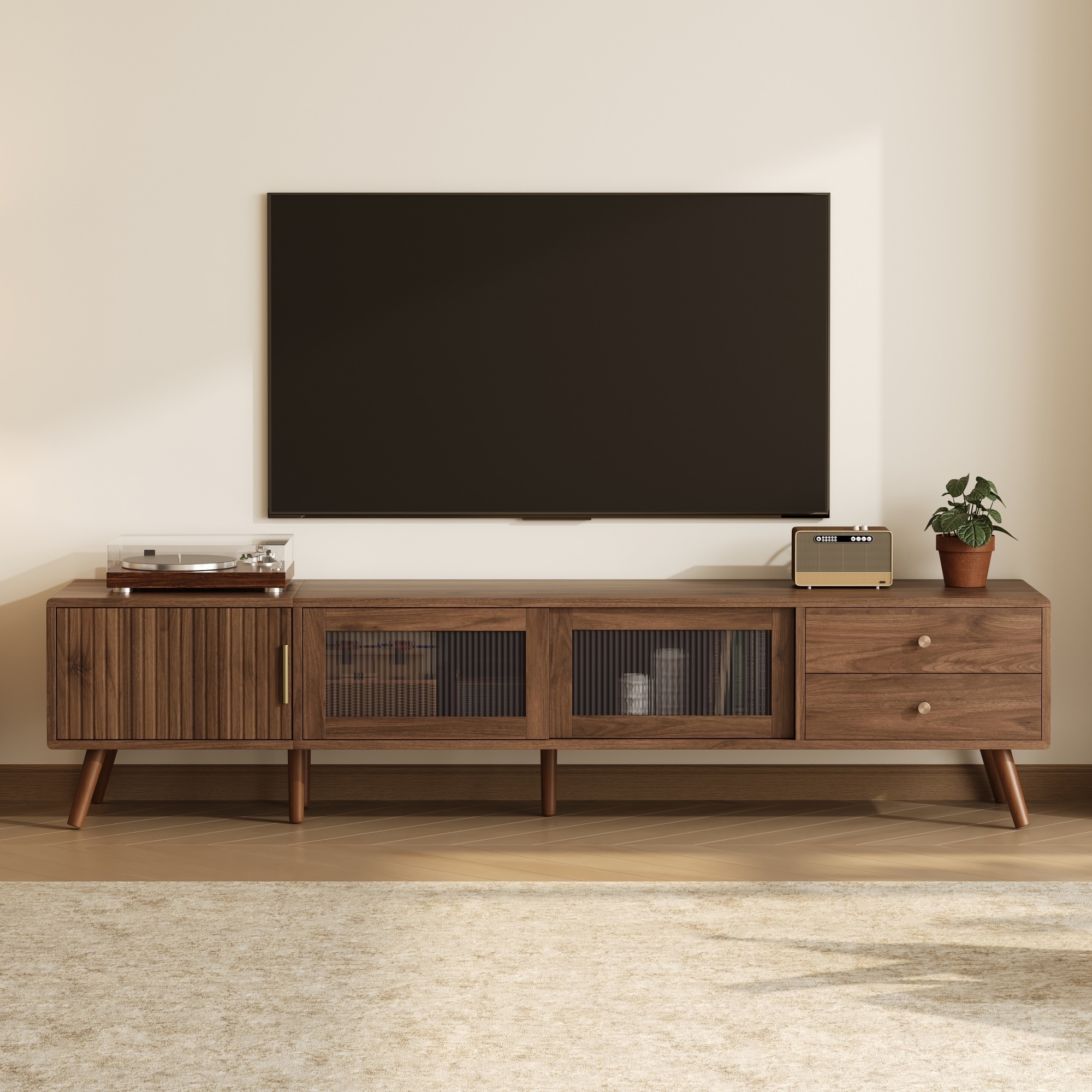 76" Modern Wood-Grain Entertainment Center with Storage Cabinets and Glass-Doors