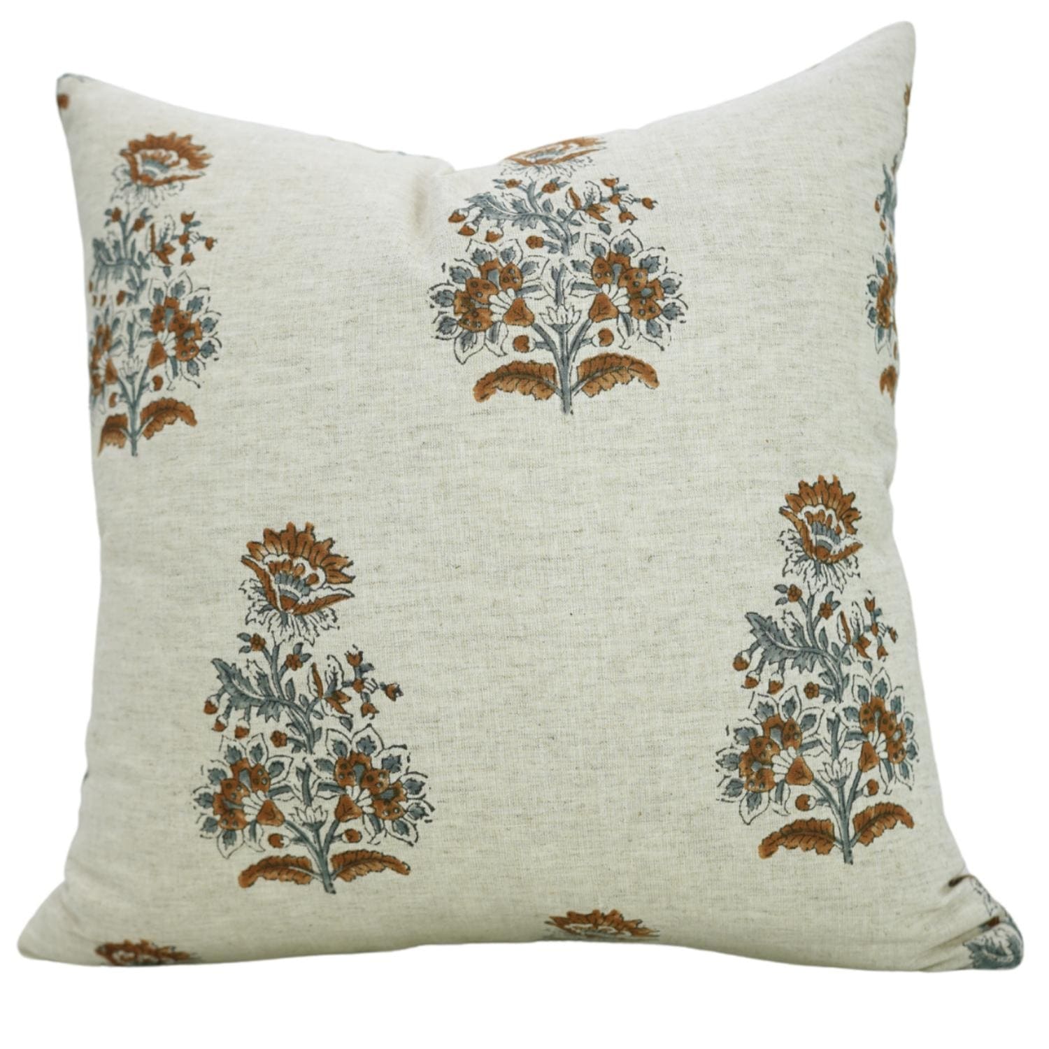Fabdivine Brown Soft Linen Hand Block Floral Print Farmhouse Décor Cushion Cover
