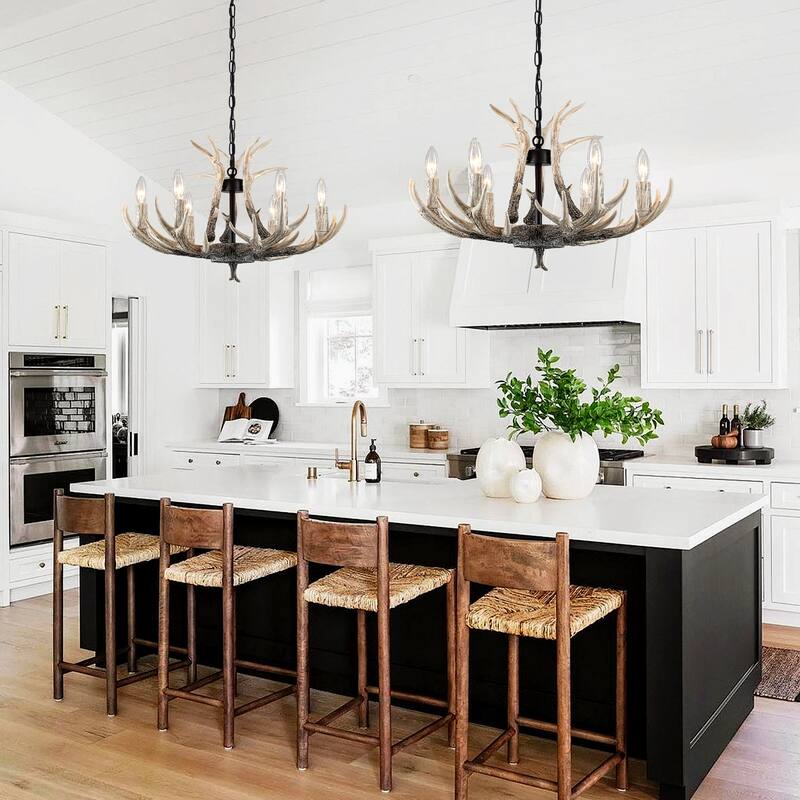 6-light farmhouse adjustable height pendant light with decorative resin antlers