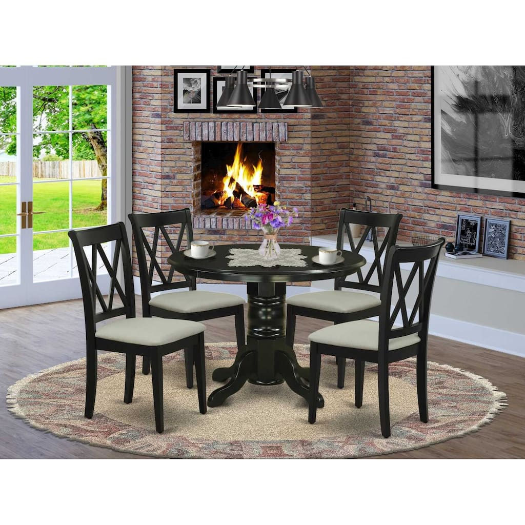 HomeStock 5-Piece Round Black Finish Solid Wood Top Dining table with 4-Chairs with Cross Back
