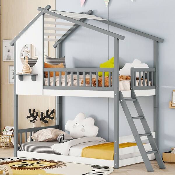 slide 2 of 18, Twin Over Twin Bunk Bed Wood Bed with Roof, Window and Ladder Gray