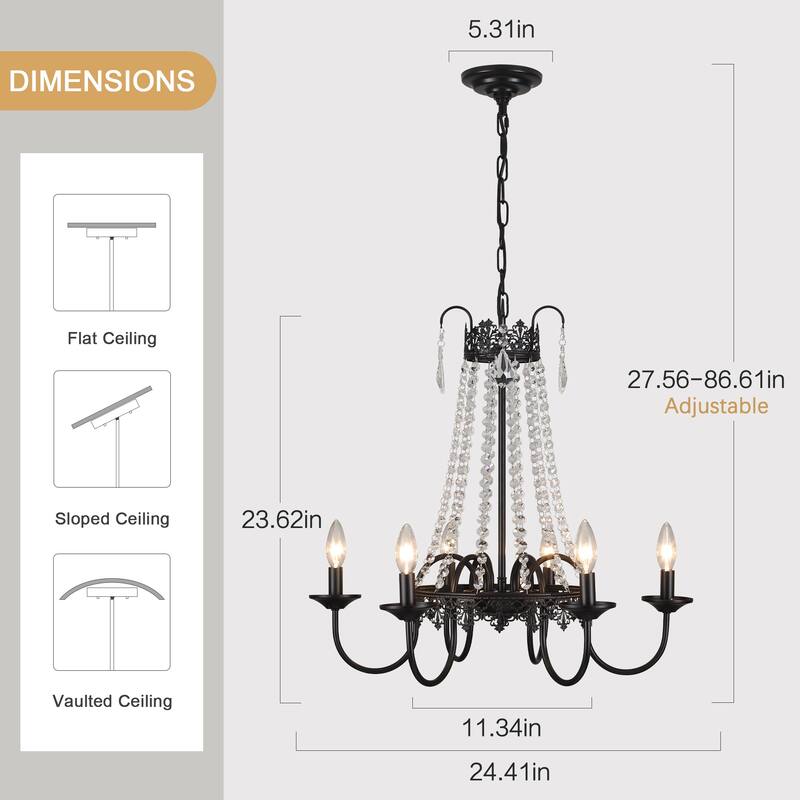 6-Light Candle Design Hanging Crystal Linear Chandelier Lighting for Kitchen Island
