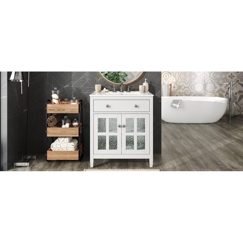 30" Vanity with Ceramic Sink, Equipped with Adjustable Shelf and Tip-Out Tray,with Solid Wood Legs,Metal Knobs and Close Hinges