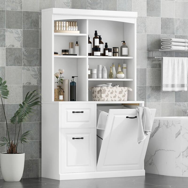 70.9'' Tall Bathroom Storage Cabinet with Drawers & Adjustable Shelves, Freestanding Bathroom Cabinet, Tilt-Out Laundry Hamper