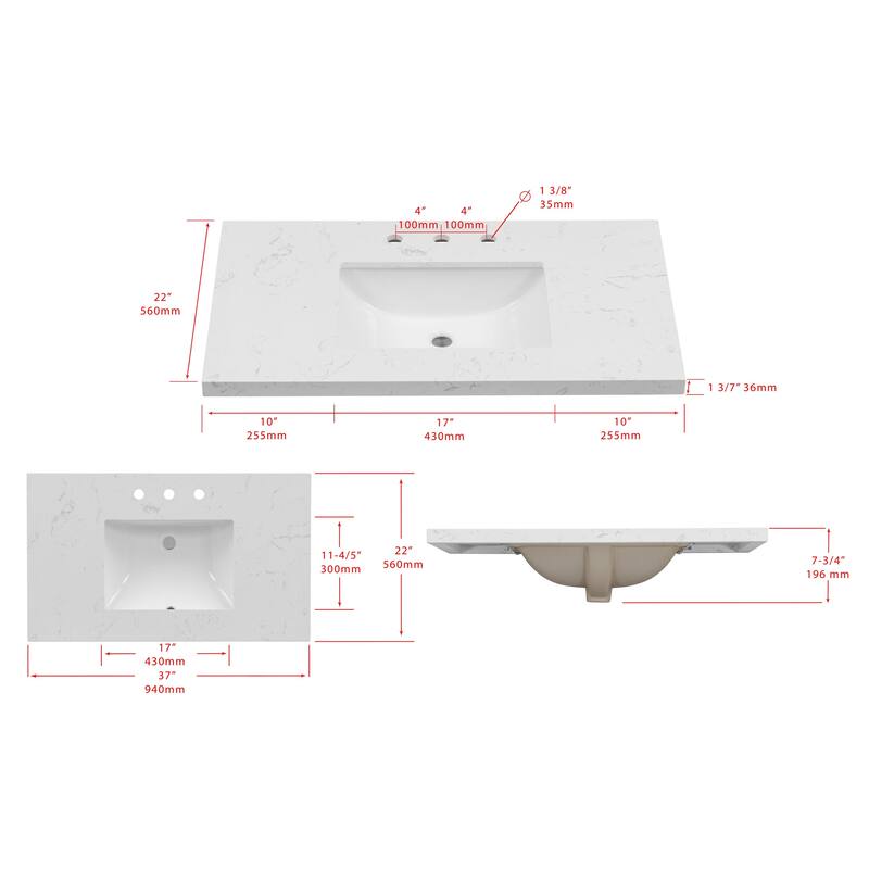 37'' Engineered Stone Vanity Top with Undermount Sink - 37.00 L x 22.00 D x 7.70 H"