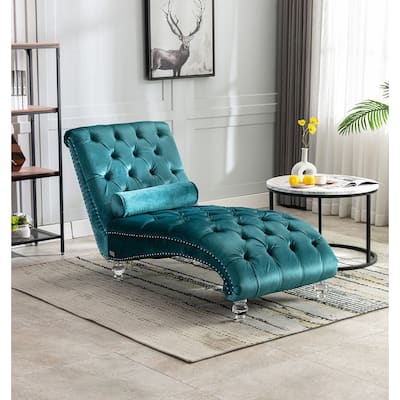 Velvet Chaise Lounge Chair with Toss Pillow,Tufted Button Lounge Chair with Acrylic Legs,Teal