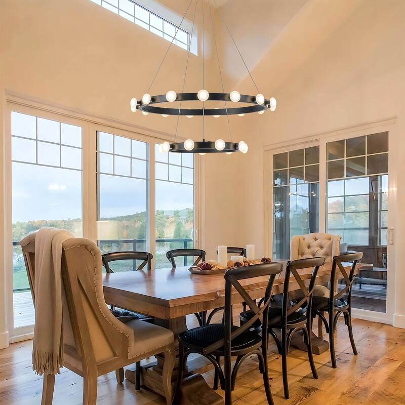 15/24-Light Mid-Century Modern Black Integrated LED Large Wagon Wheel Chandelier for Dining Room/Living Room