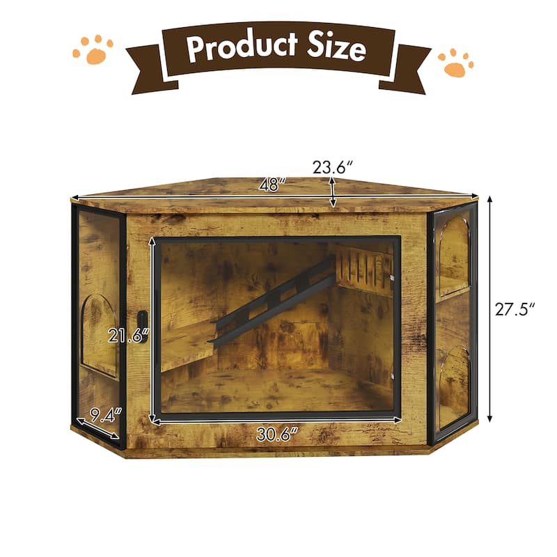 48" Corner Cat Litter Box Enclosure, Modern Hidden Litter Box Corner Cabinet with Acrylic Door and LED Light