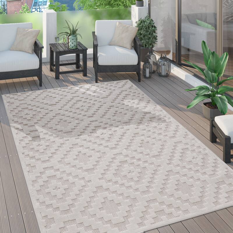 Indoor & Outdoor Rug With Moroccan Trellis High-Low Pattern - 2' x 3'3" - cream