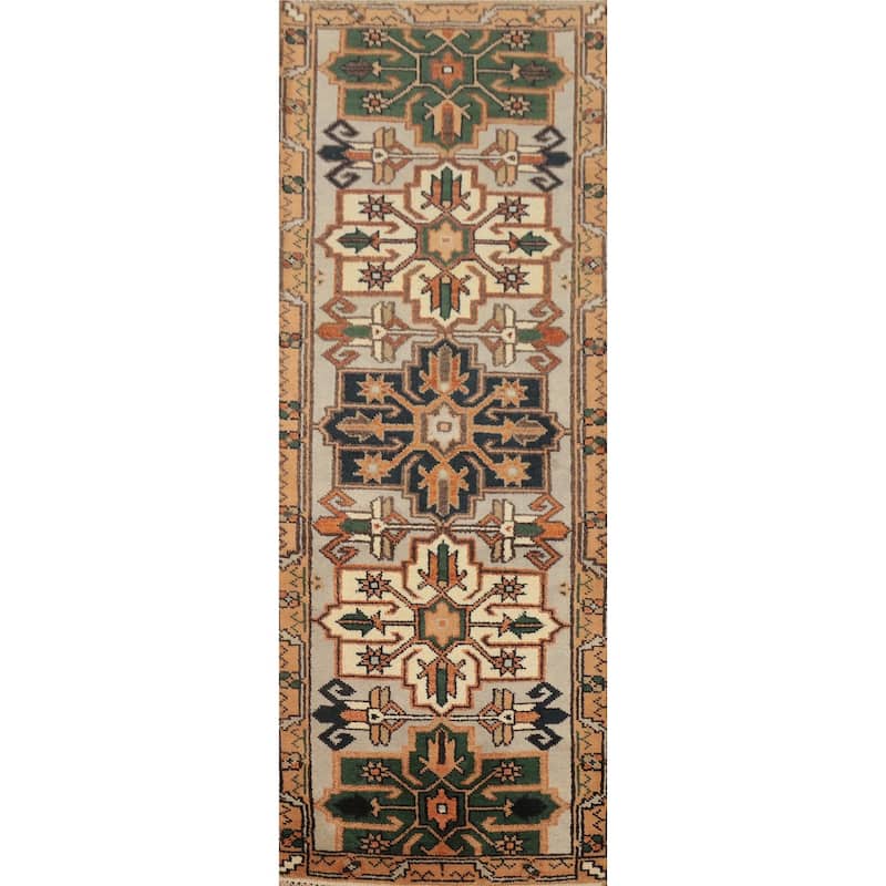 Hand Knotted Oriental 100% Wool Carpet Traditional Geometric Beige & Ivories Kazak Runner Rug - 7' 11'' X 2' 7''