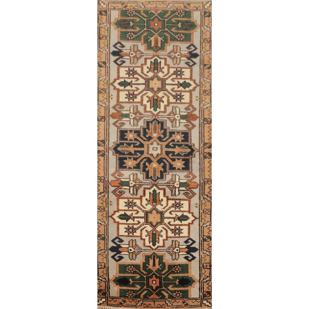Hand Knotted Oriental 100% Wool Carpet Traditional Geometric Beige & Ivories Kazak Runner Rug - 7' 11'' X 2' 7''