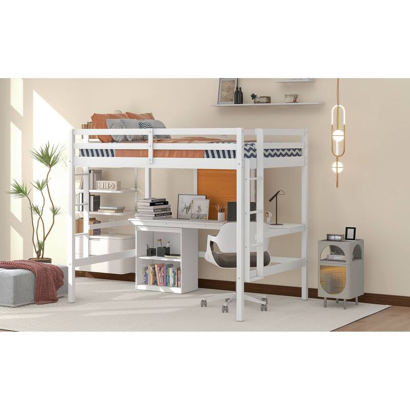 Twin/Full Size Wooden Loft Bed with Built-in Desk, Writing Board, and 2 Drawers, Space-Saving Loft Bed for Kids