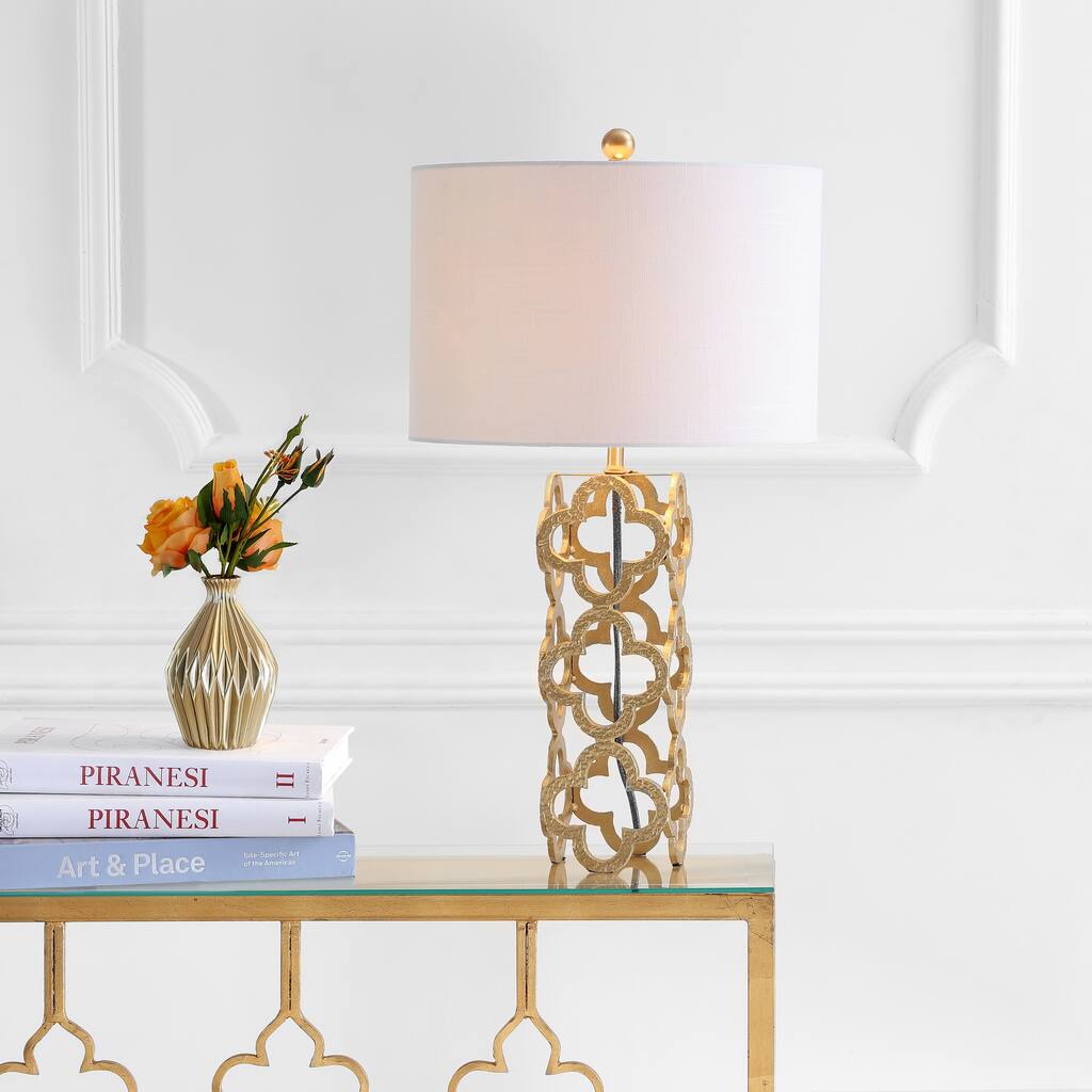 Oliver 26.5" Metal Quatrefoil LED Table Lamp, Gold by JONATHAN Y