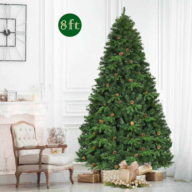 Gymax Pre-Lit 8' Premium Spruce Artificial Christmas Tree Hinged 660 - Green - 8 Foot