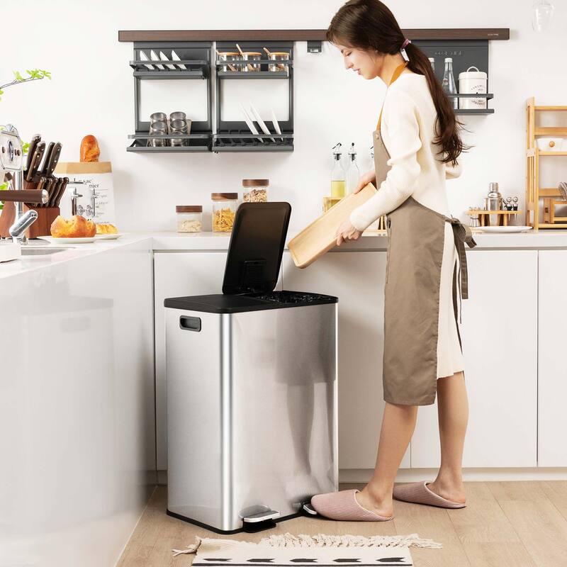Costway 16 Gallon Dual Step Trash Can Recycle Bin Stainless Steel