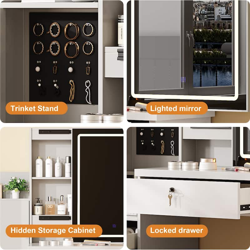 Anmytek Lighted Sliding Mirror Vanity Desk - 4 Drawers, 9 Storage Spaces,Power Outlets and Cushioned Stool