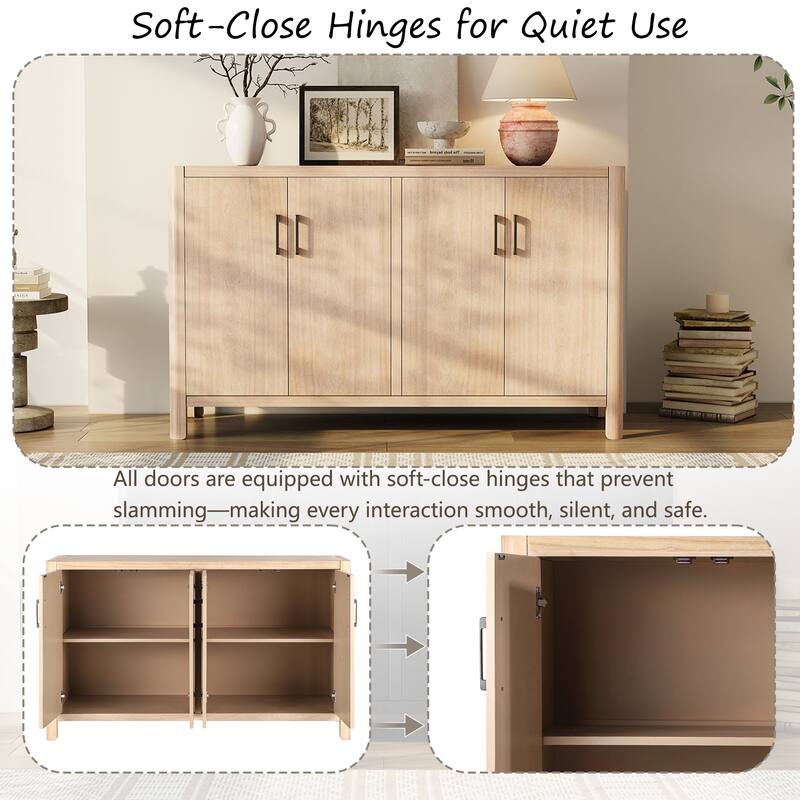 Farmhouse Style 4-Door Cabinet with Natural Finish for Rustic Entryways and Small Spaces