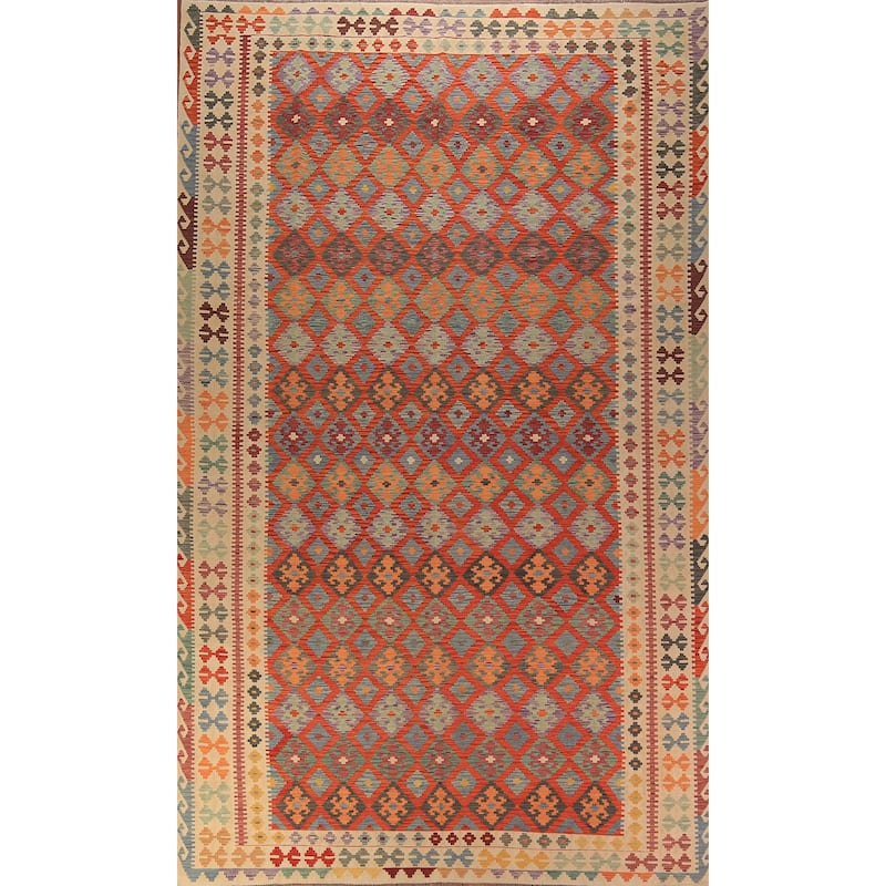 Geometric Trellis Kilim Oriental Large Rug Hand-Woven Wool Carpet - 9'9" x 16'3"