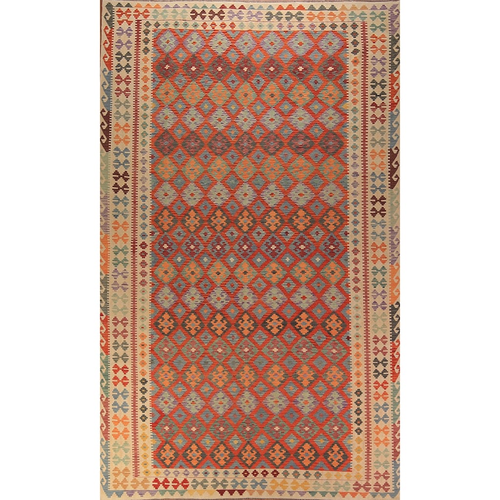 Geometric Trellis Kilim Oriental Large Rug Hand-Woven Wool Carpet - 9'9" x 16'3"
