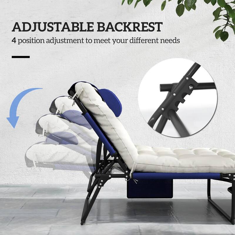 Folding Chaise Lounge Chair,4-Pos Recliner,Cushion,Pocket,Headrest
