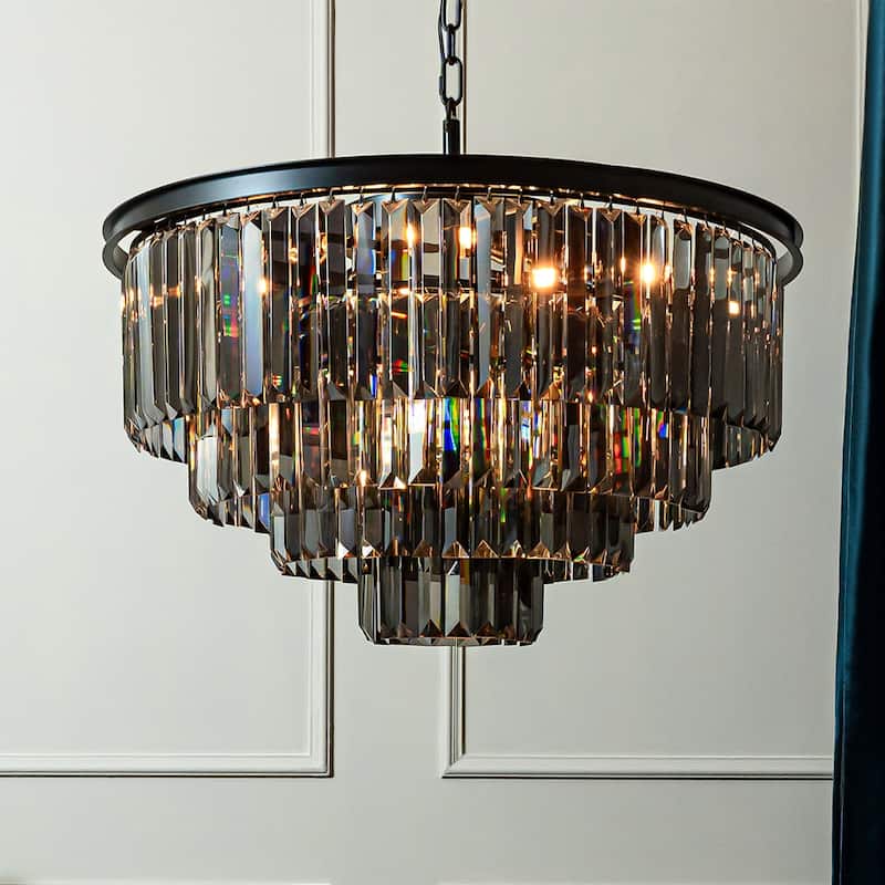 8-Lights Mid-Century Modern 4-Tier Round Fringe Crystal Chandelier - W31.5" - Black/Smoke