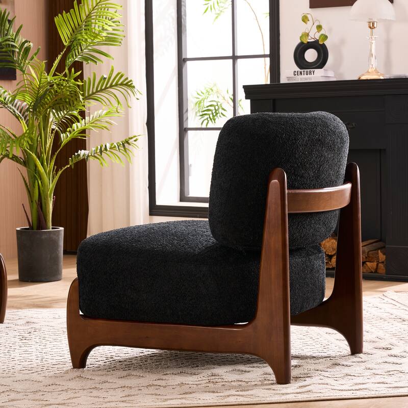 30"W Mid-Century Modern Accent Chair with Solid Wood Frame, Boucle Comfy Living Room Chair for Bedroom Lounge Reading Room