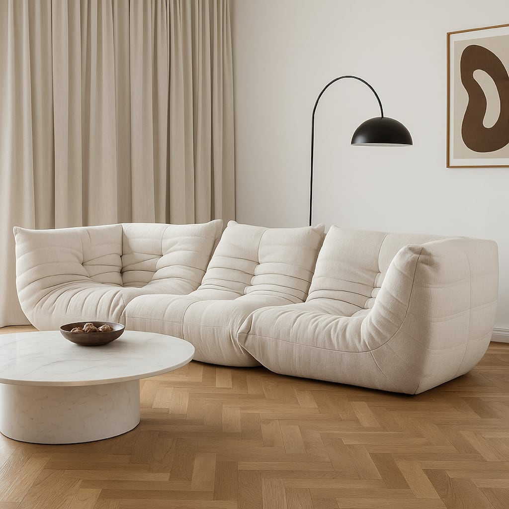 Ezee 3pc Modular Sofa Set, Low Profile Floor Seating Cream Pleated Polyester