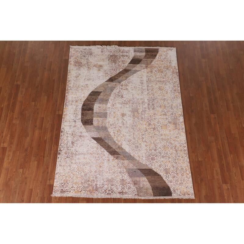 Striped Abstract Modern Area Rug Hand-Knotted Wool Carpet - 5'8" x 7'10"