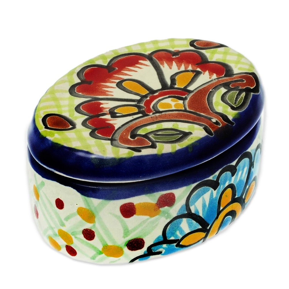 Talavera-Style Tissue Box Cover, 'Hidalgo Bouquet