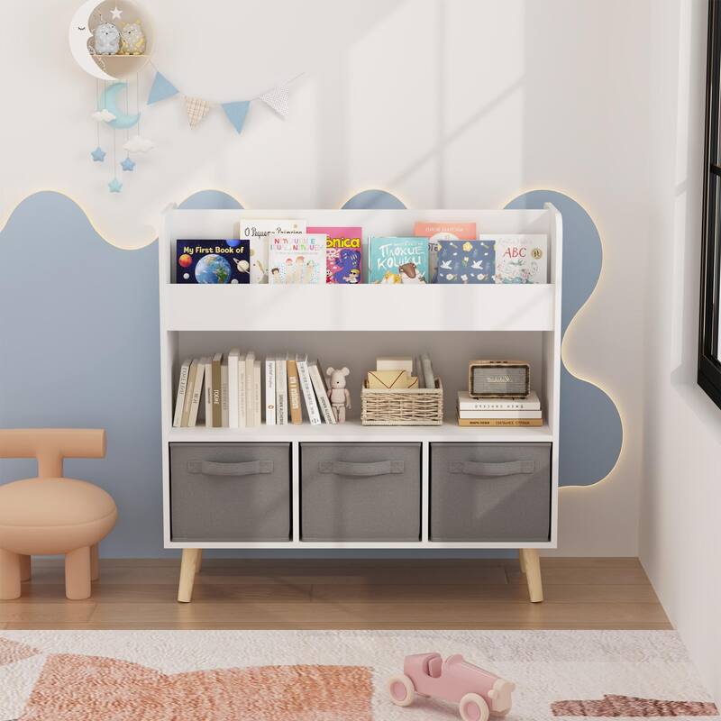 Anmytek Toddler Bookshelf with 3 Fabric Bins Storage Bookcase for Nursery Playroom Bedroom