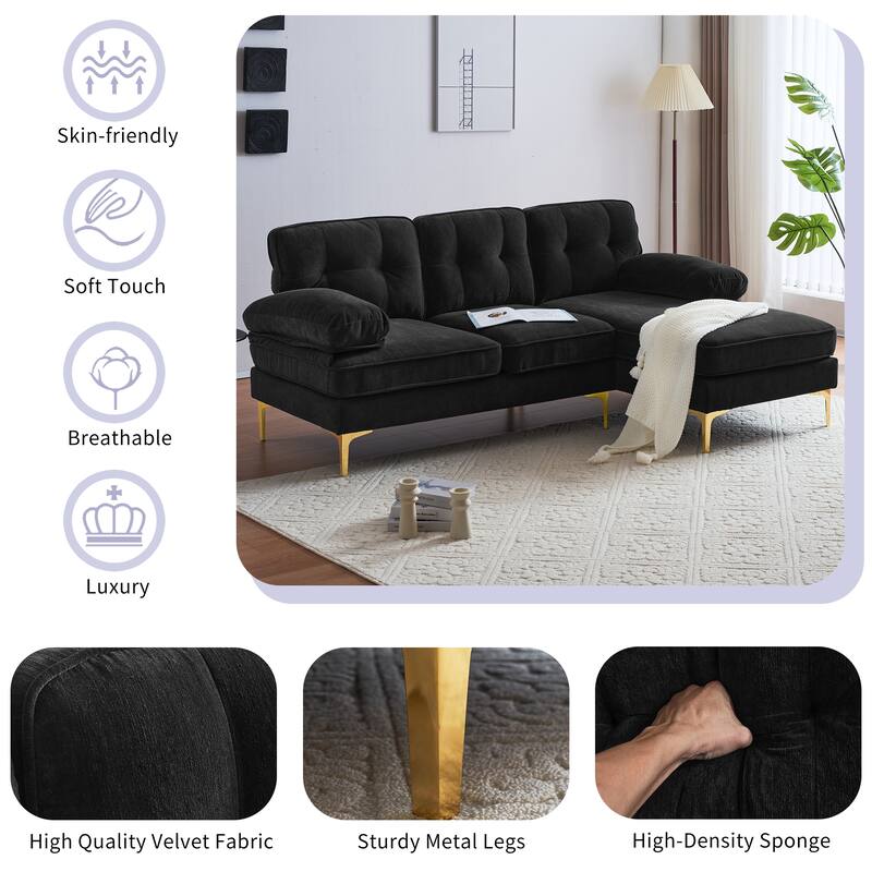 Velvet Sectional Sofas Couches with Pillow Top Arms and Upholstered Backrest, Modern L-Shaped Couches with Metal Legs