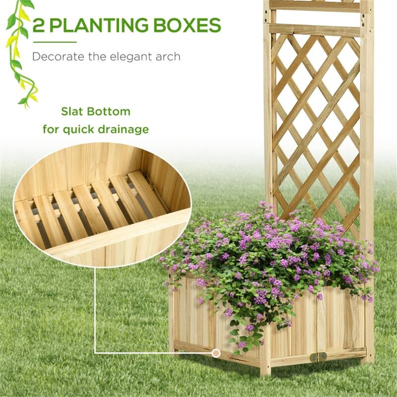 Natural Wooden Garden Arbor Trellis Arch with Planter Boxes for Weddings Photos and Decorations - 65.25" L x 21.25" W x 92.5" H