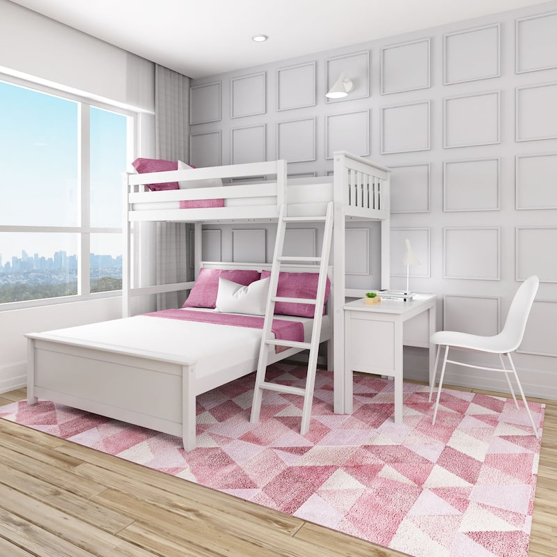 Max and Lily L Shaped Twin over Full Bunk Bed with Desk - White
