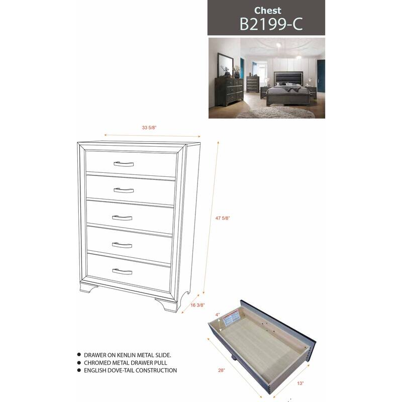 Contemporary 5 Drawer chest-Grey & Wood finish