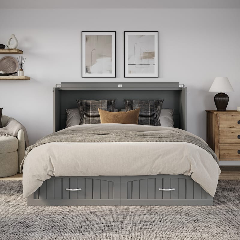 Aspen Queen Murphy Bed Chest with 6" Mattress, Storage Drawer & Built-In Charger in Grey