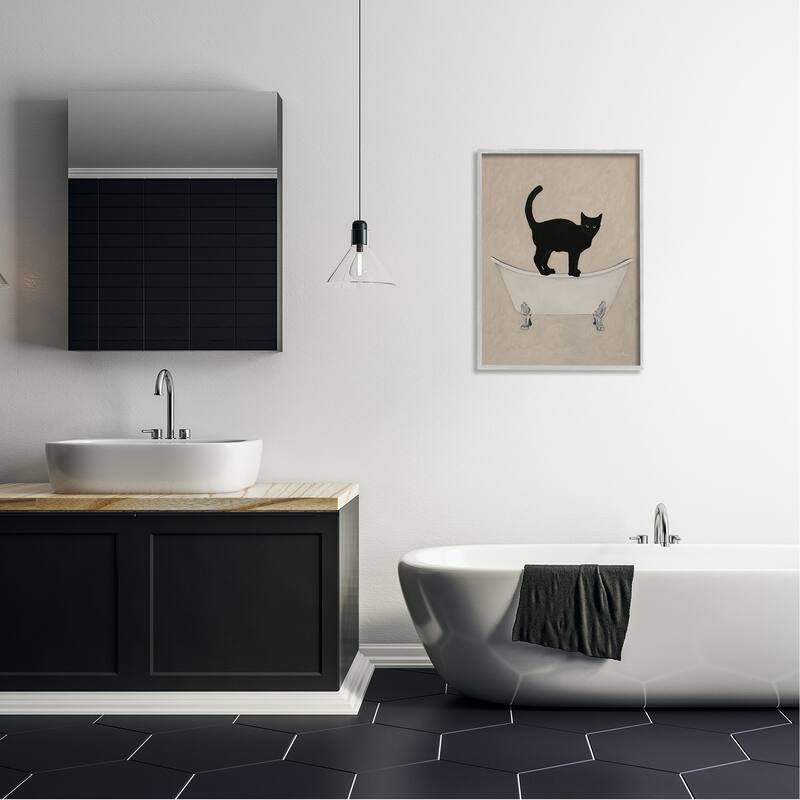 Stupell Black Cat Simple Claw Foot Bathtub Bathroom Painting Framed Wall Art