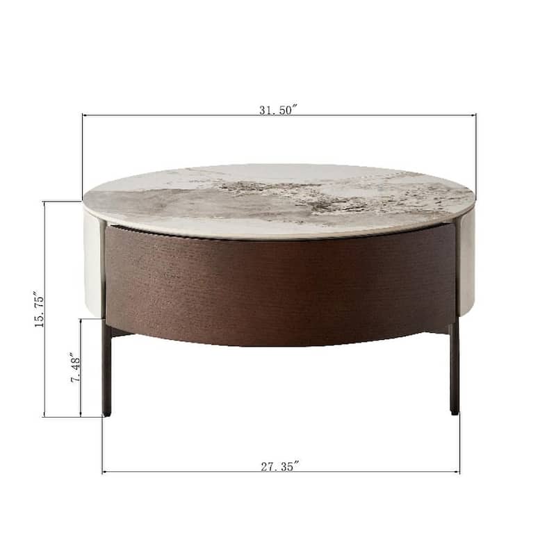 Round Coffee Table with Drawers and Metal Legs, Drum Tea Table