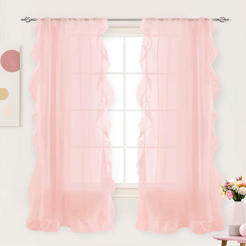 DriftAway Sophie Solid Sheer White Voile Window Curtains Ruffle Edge Rod Pocket 2 Panels - 52" Width X 63" Length - Peach Pink
