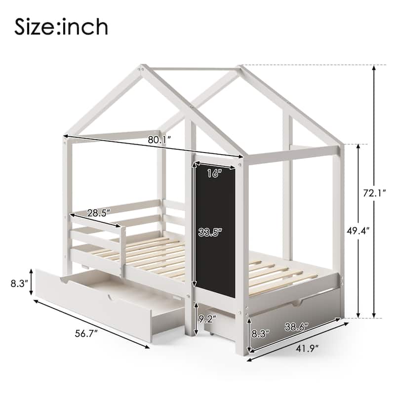 Roomfitters Size House Bed with Blackboard Panels and Storage Drawers, Two Assembly Options, White