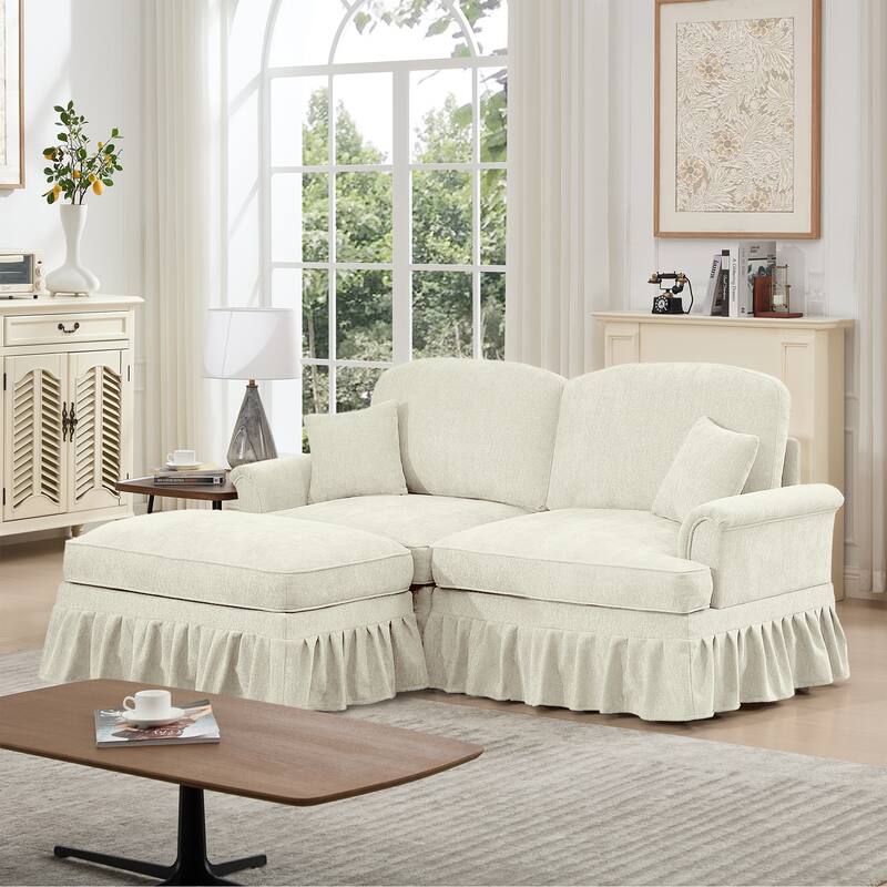 2-Seater L Shaped Sofa Couch, Lounge Sofa with Removable Ruffles Pleats Skirts, Loveseat Sofa with Movable Ottoman - Beige+White