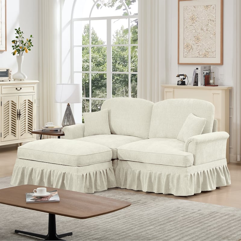 76.4" L Shaped 2-Seat Sectional Sofa, Chenille Couch with Ottoman, Flared Arms Loveseat with Removable Ruffles Pleats Skirts