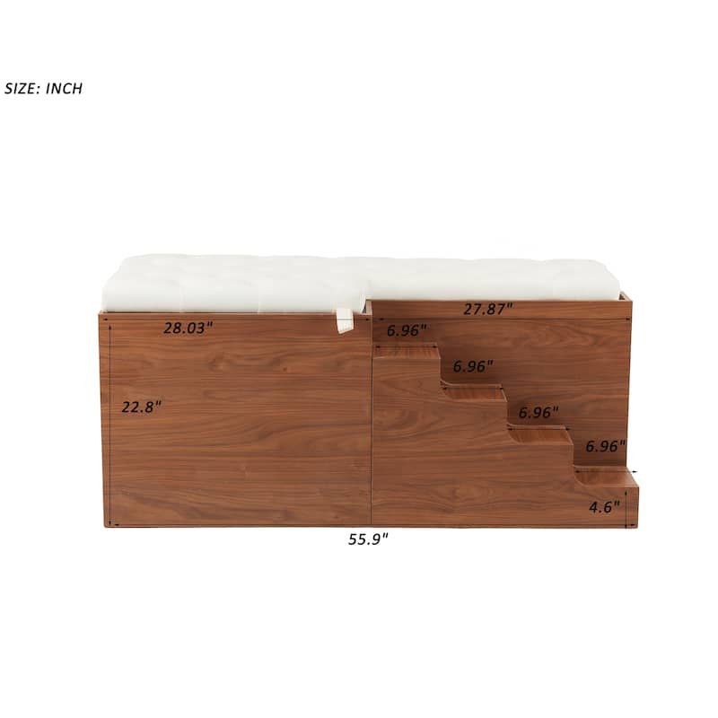 56" Wooden Dog Kennel with Designed Pet Stairs, Sliding Barn Door, Removable Cushion