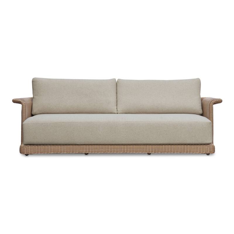 NADAAL STUDIOS Mareth Sofa, Tulip-Shaped Wicker Seat with Cushioned Upholstery, Aluminum Frame, Brown - Seats 3 - Beige
