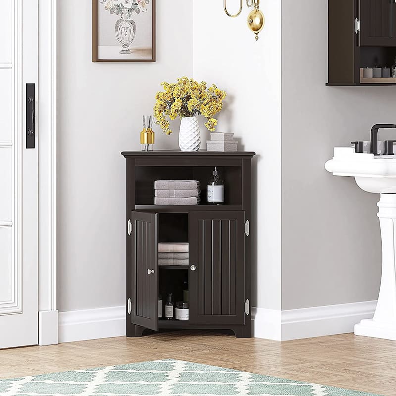 UTEX Corner Free Storage Cabinet, Bathroom Floor Corner Cabinet with Doors and Shelves for Bathroom, Kitchen, Living Room, White