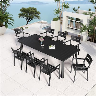 9-PC Outdoor Aluminum Dining Table Set with Stackable Armchairs Umbrella Hole