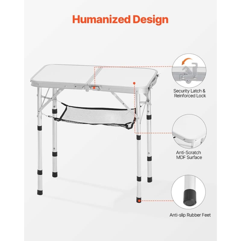 2 Feet Silver Portable Folding Camping Table with Adjustable Height and Lightweight MDF Top for Outdoor Use
