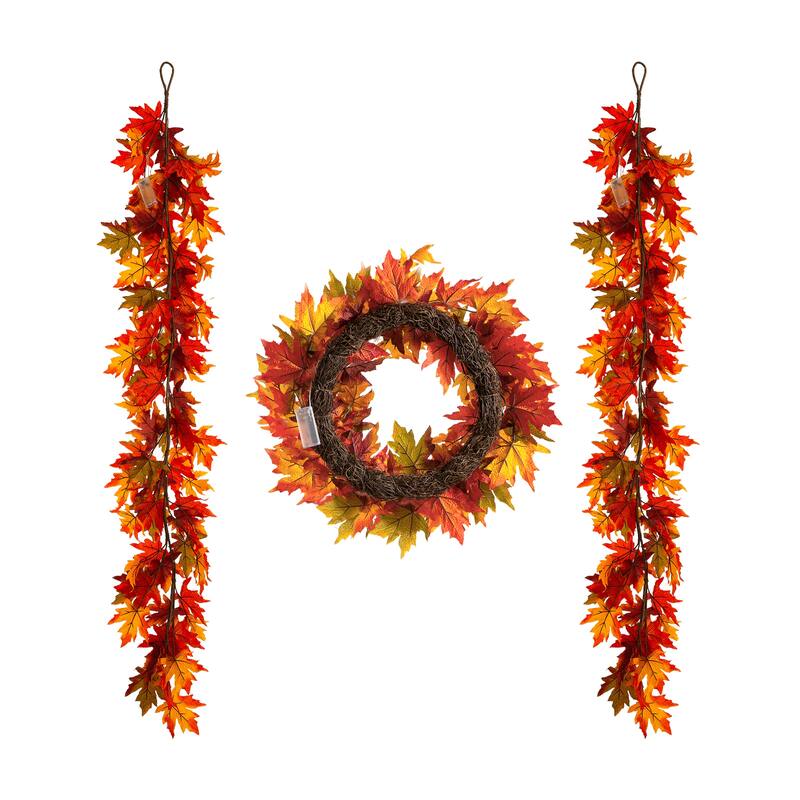 Glitzhome LED Lighted Fall Maple Leaves Wreath/Garland with Timer